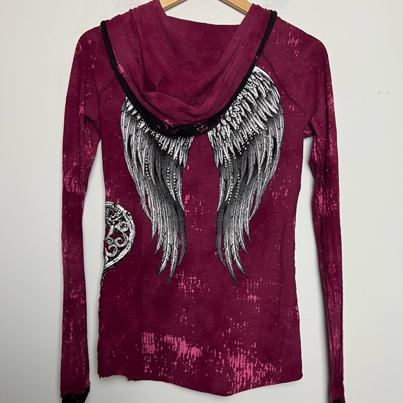 Affliction 90s Burgundy Long Sleeve Hoodie Spell Out Top Embellished Angel Wings - Picture 11 of 15